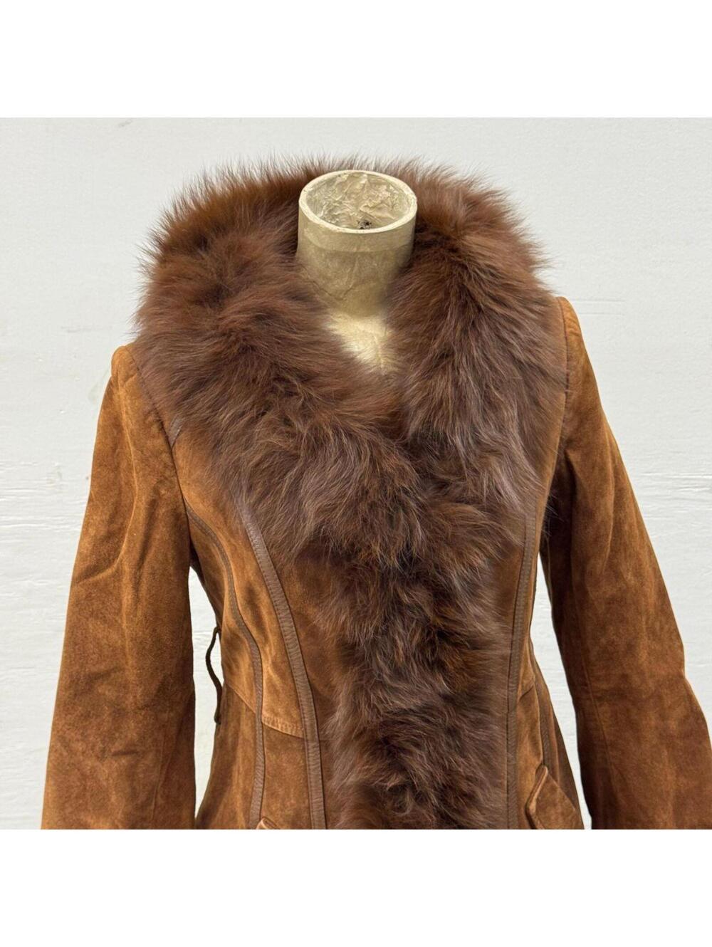 Vintage Vero Moda Y2K "Penny Lane" Suede & Fox Fur Coat Brown - Picture 2 of 8